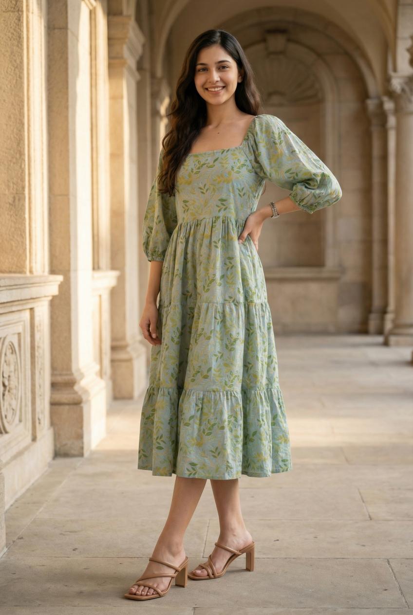 Women's Grey Floral Printed Cotton Dress