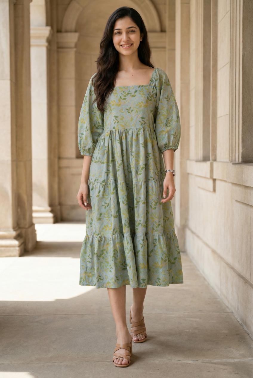 Women's Grey Floral Printed Cotton Dress