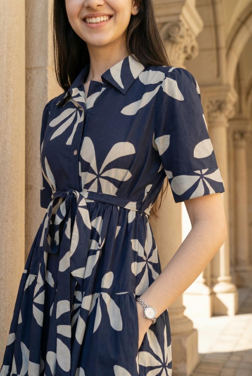 Navy Blue Shirt Collar Floral Printed Dress For Women