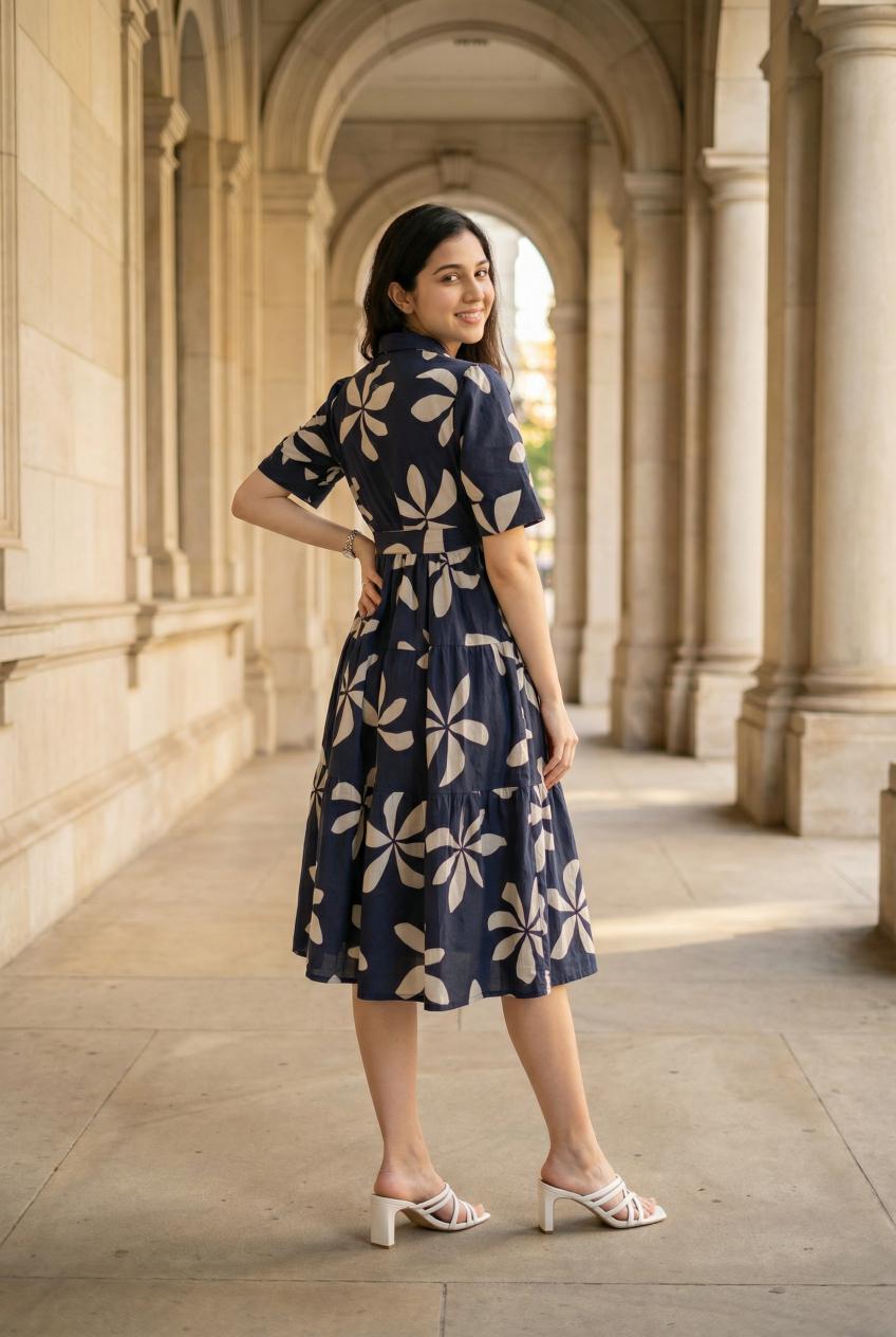 Navy Blue Shirt Collar Floral Printed Dress For Women