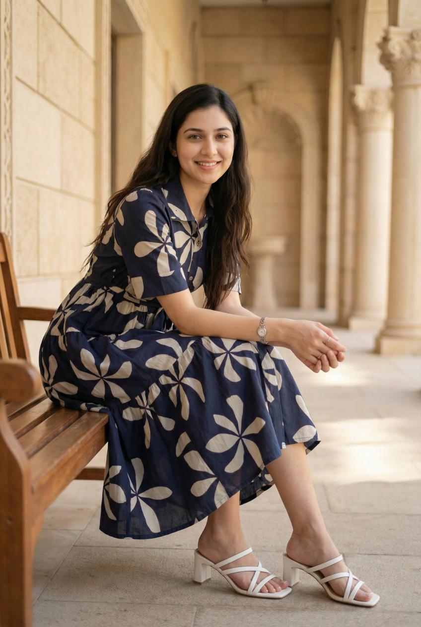 Navy Blue Shirt Collar Floral Printed Dress For Women