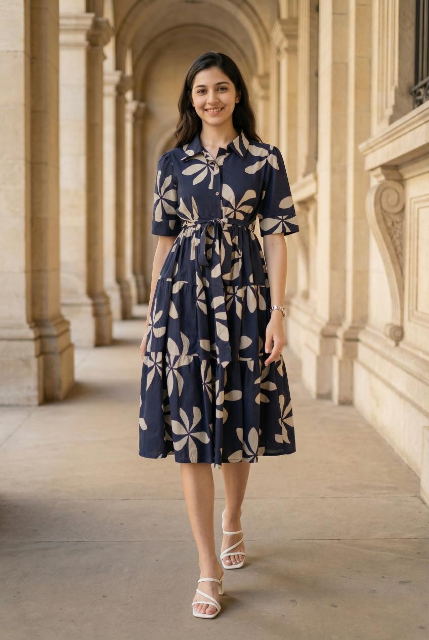 Navy Blue Shirt Collar Floral Printed Dress For Women