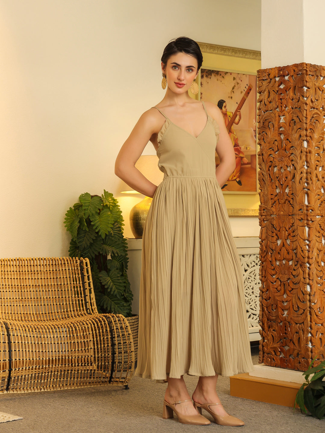 Grey Solid V-Neck Dress for Women