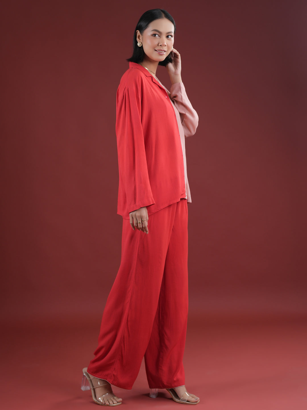 Red Solid Print Night Suit Set