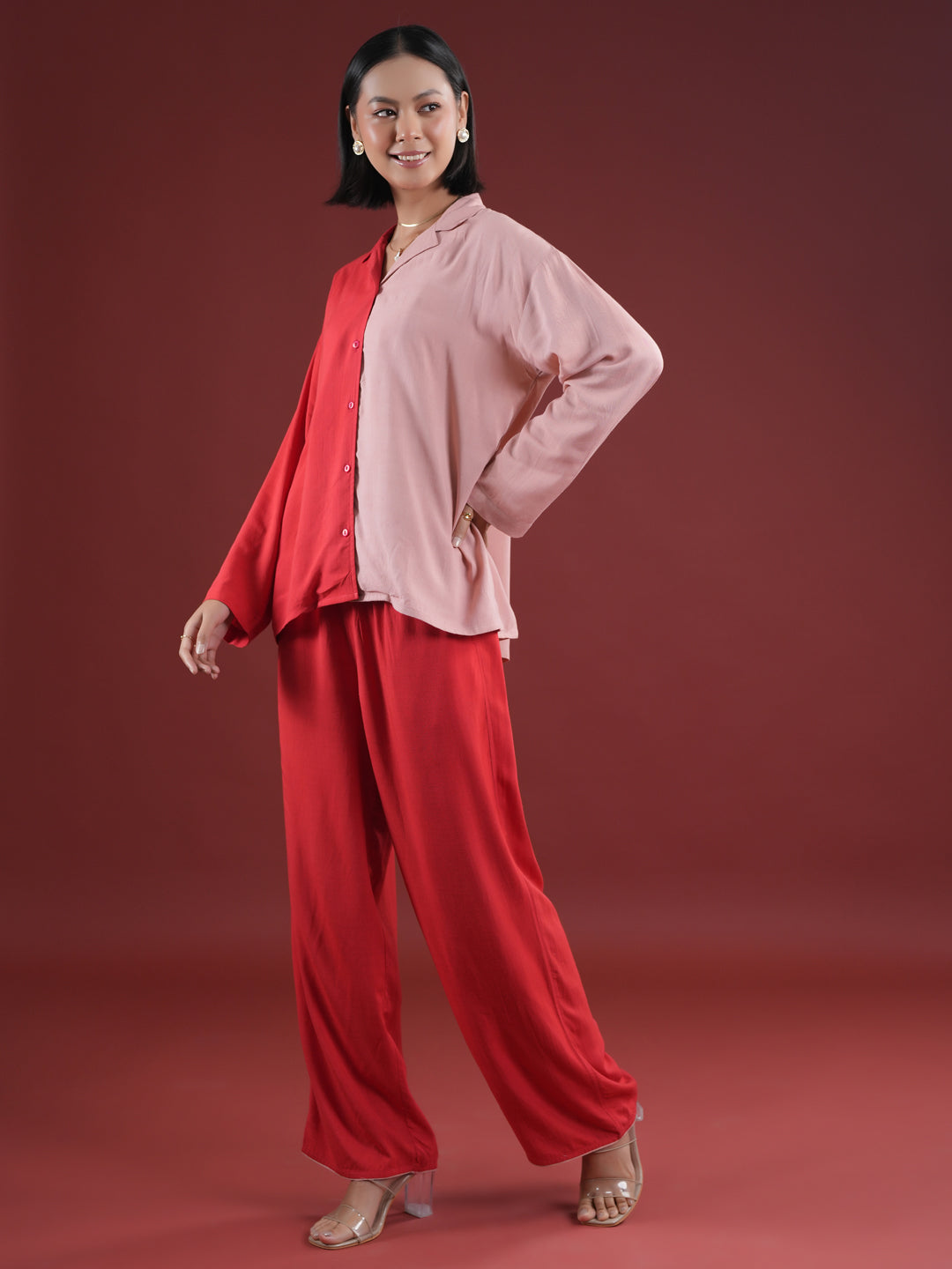 Red Solid Print Night Suit Set