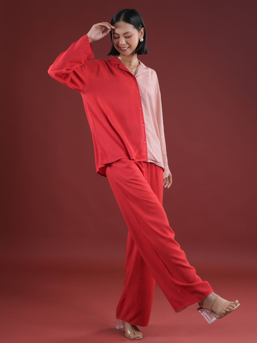 Red Solid Print Night Suit Set