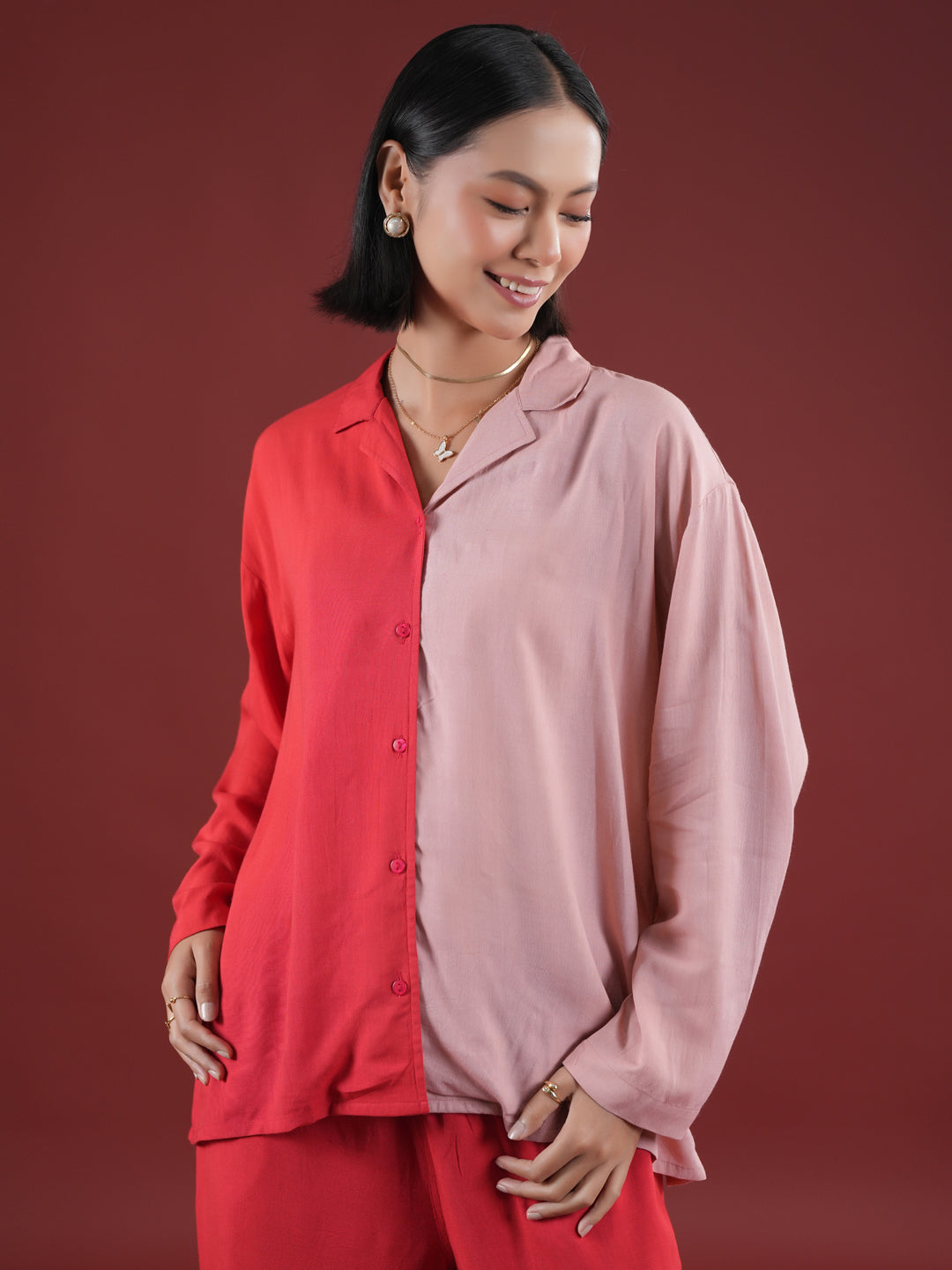 Red Solid Print Night Suit Set