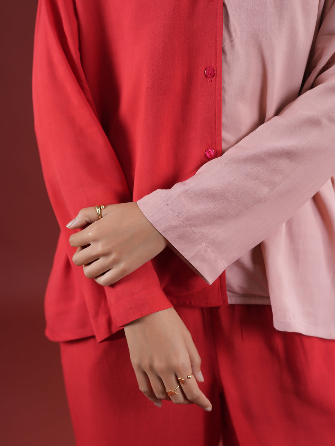 Red Solid Print Night Suit Set