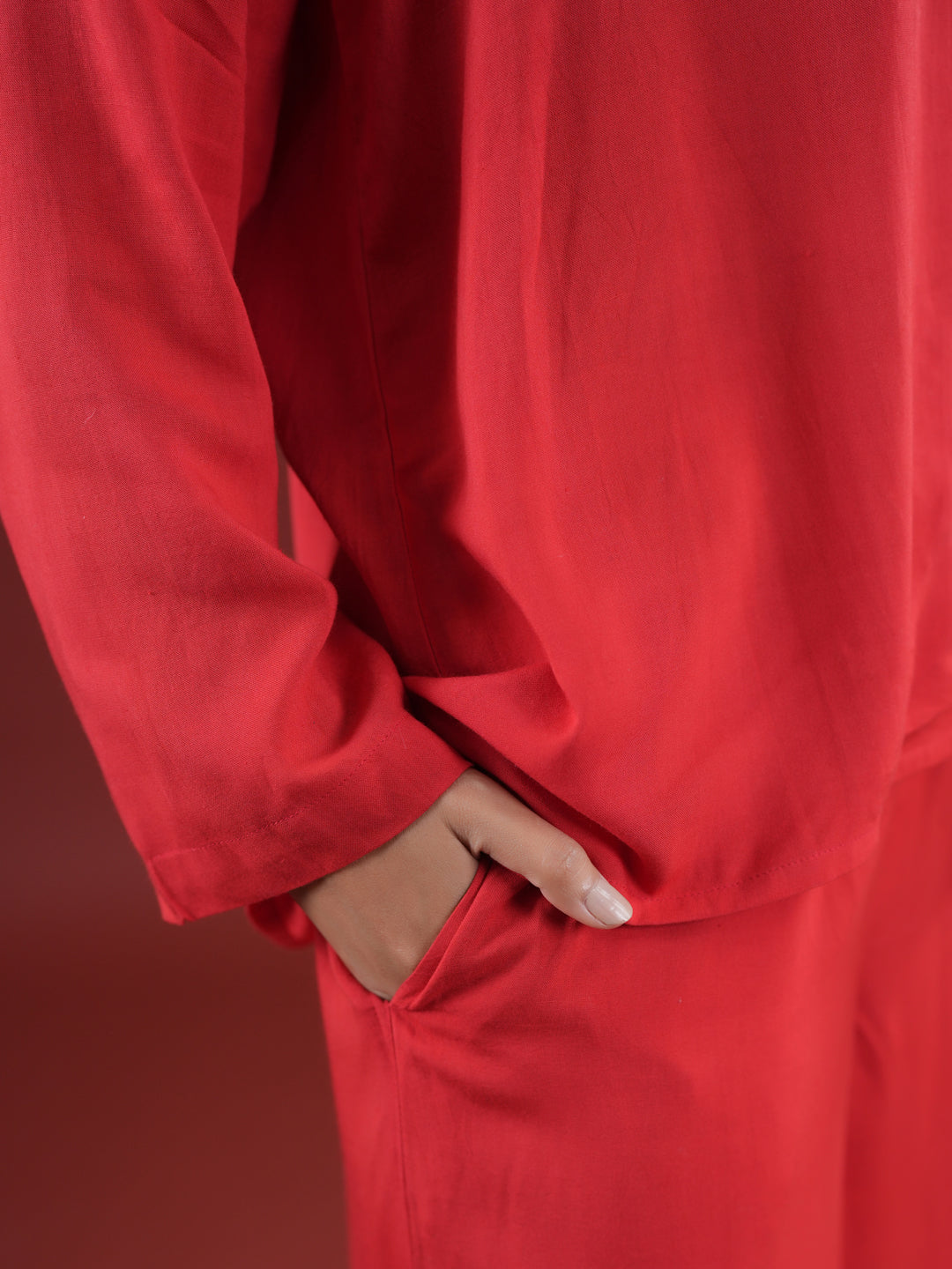 Red Solid Print Night Suit Set