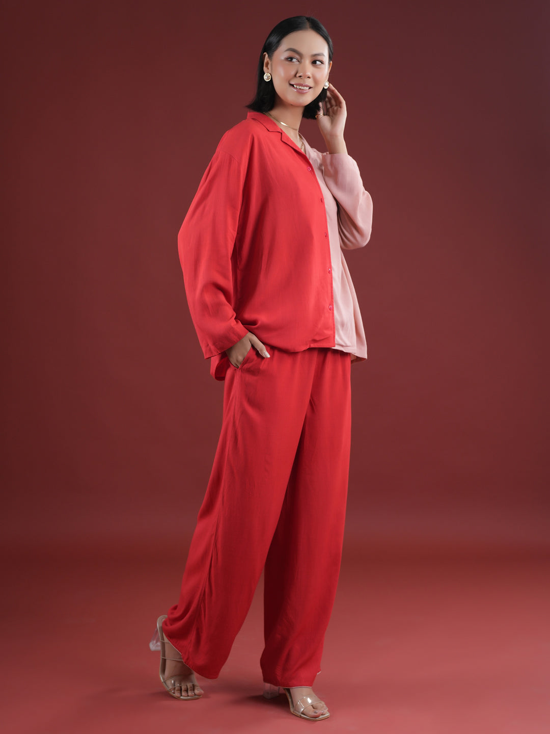 Red Solid Print Night Suit Set