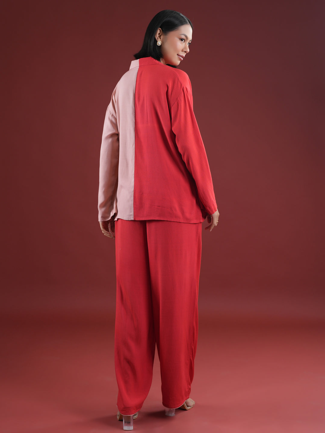 Red Solid Print Night Suit Set