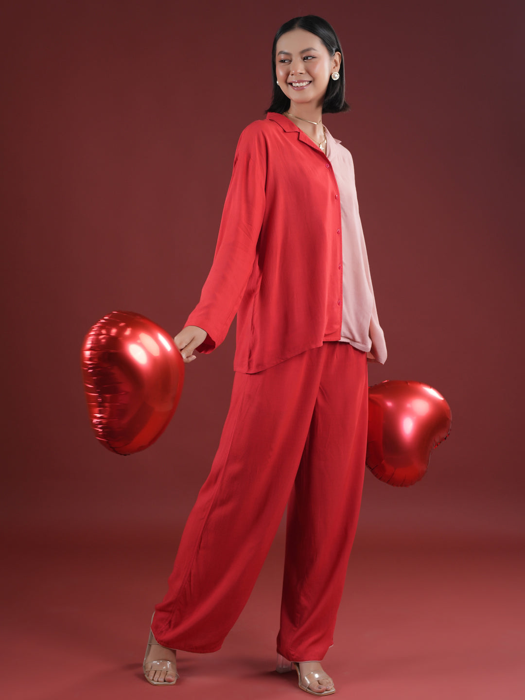 Red Solid Print Night Suit Set