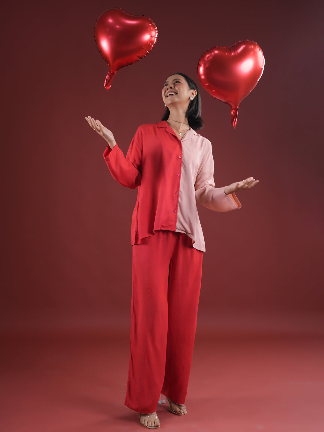 Red Solid Print Night Suit Set