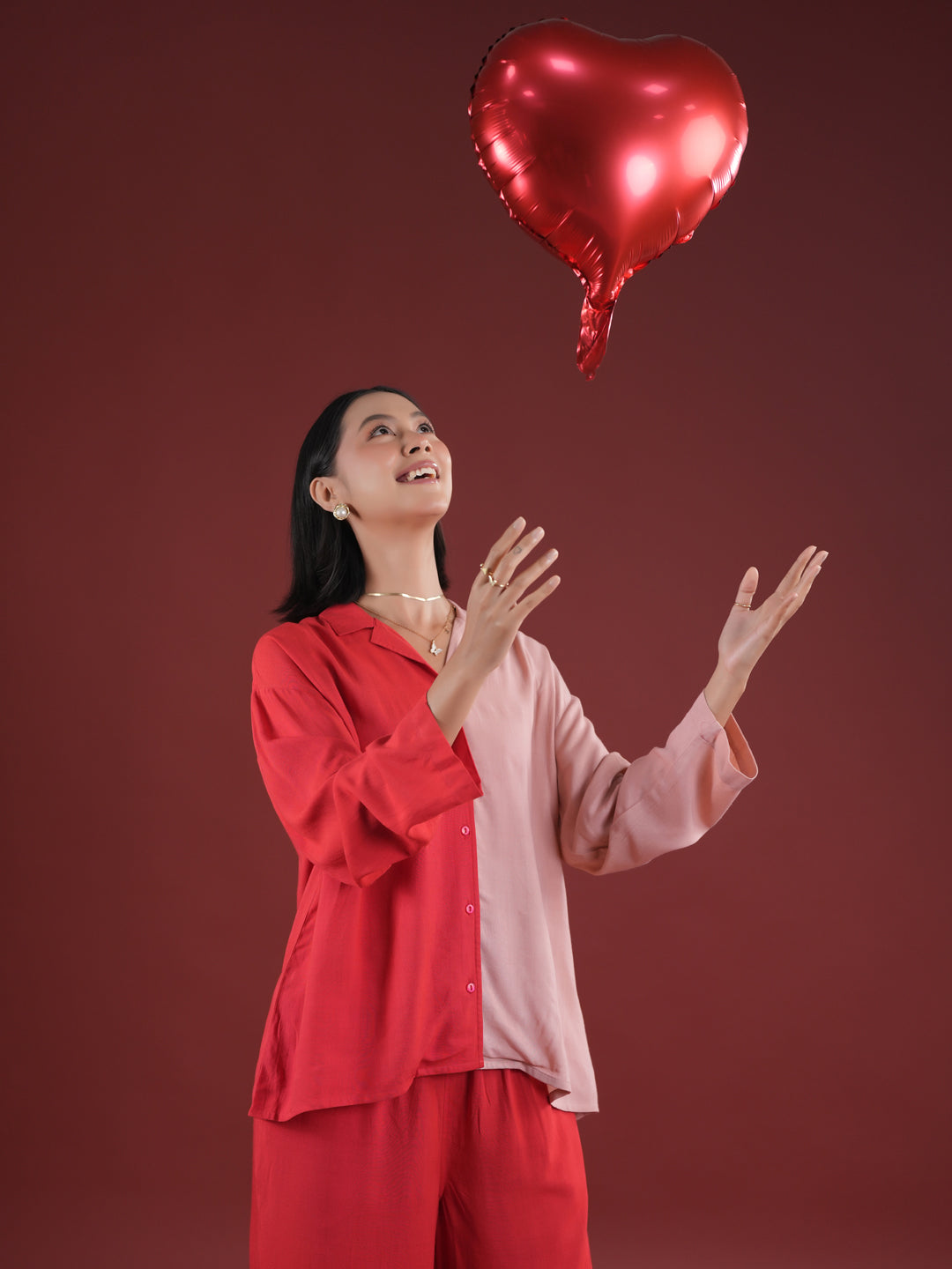 Red Solid Print Night Suit Set