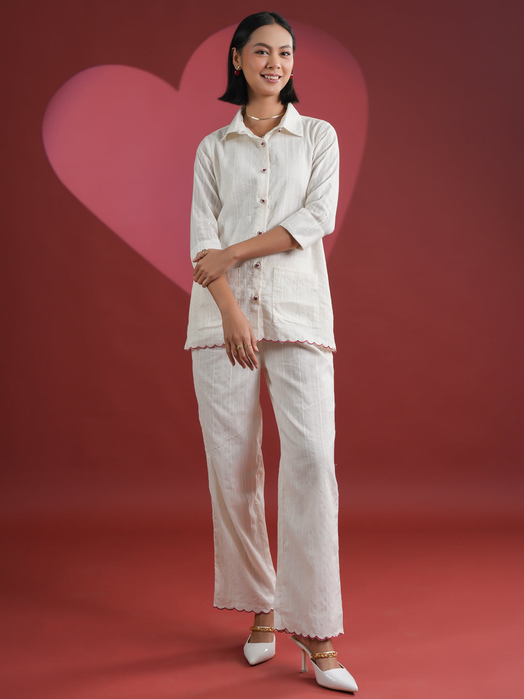 White Solid Print Cotton Night Suit Set