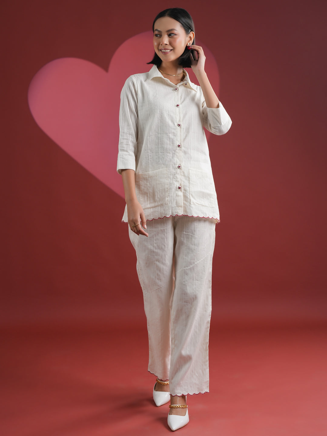 White Solid Print Cotton Night Suit Set