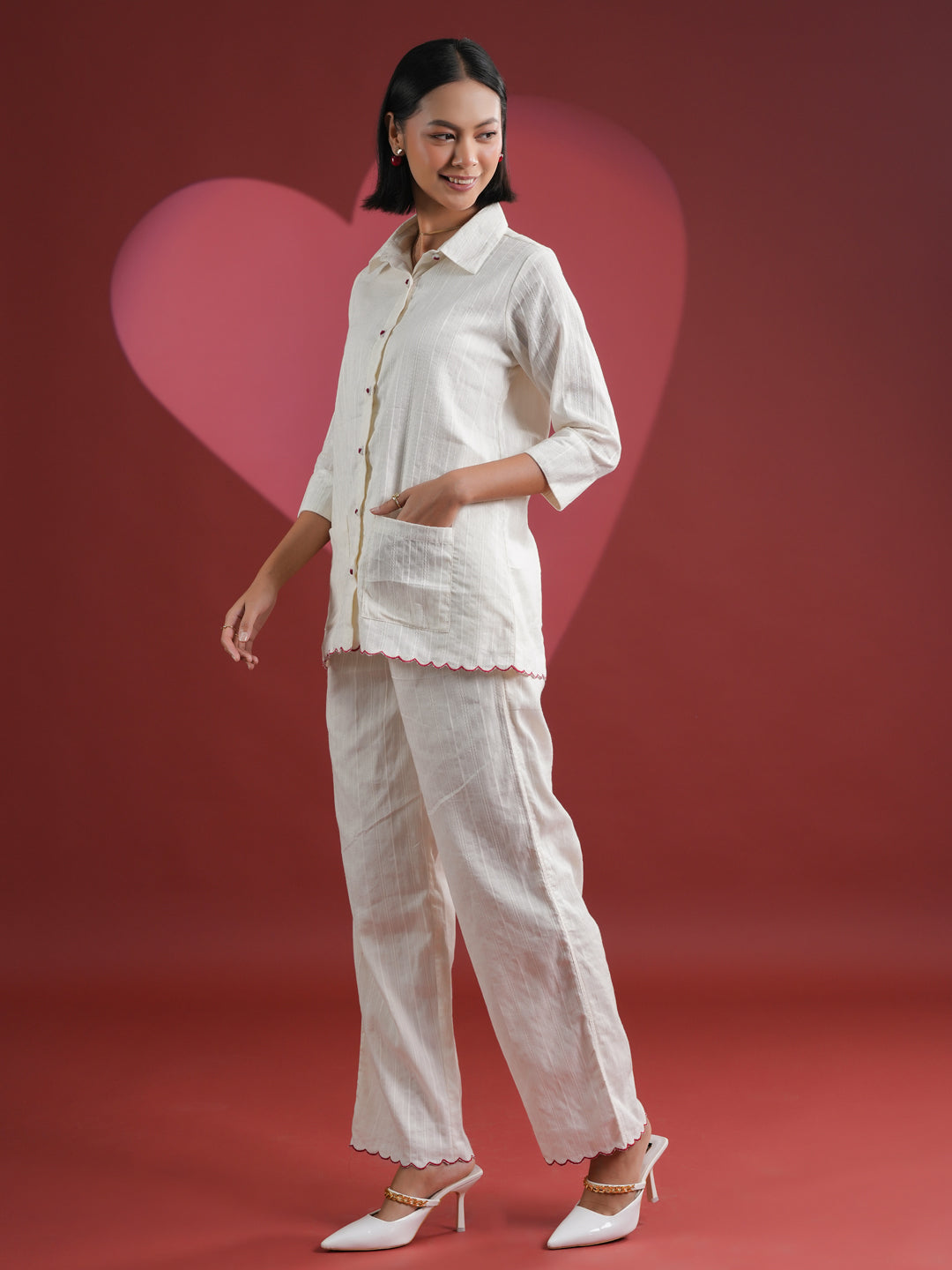 White Solid Print Cotton Night Suit Set