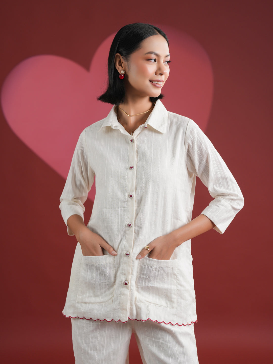 White Solid Print Cotton Night Suit Set