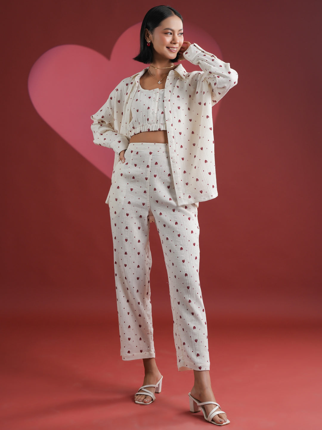 Set of 3 White Heart Printed Night Suit - SanskrutiHomes