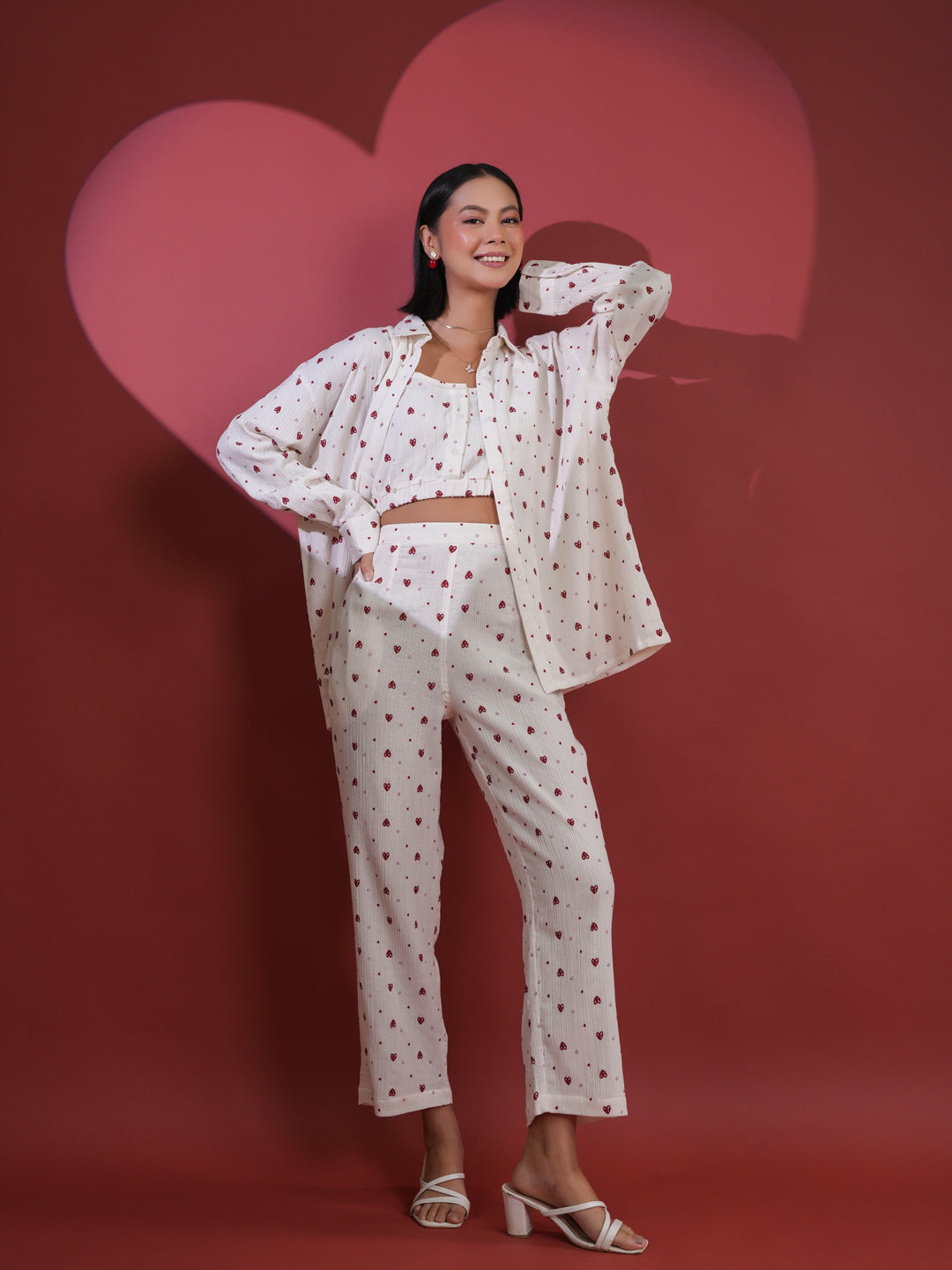 Set of 3 White Heart Printed Night Suit - SanskrutiHomes