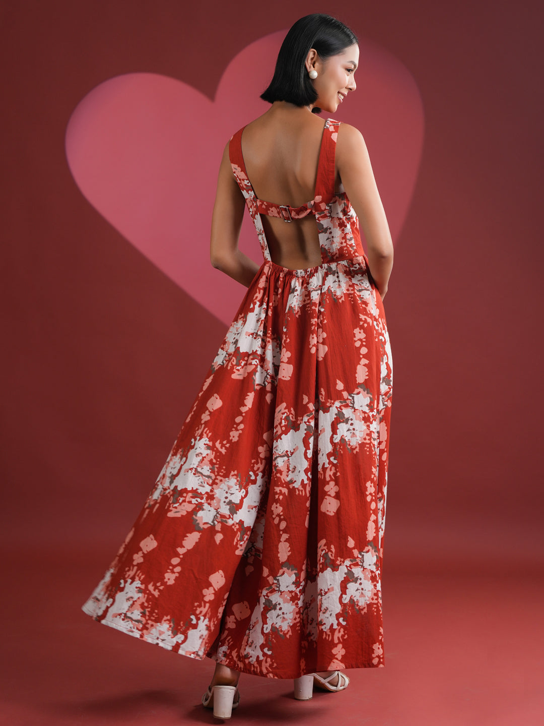 Red Printed V-Neck Dress for Women