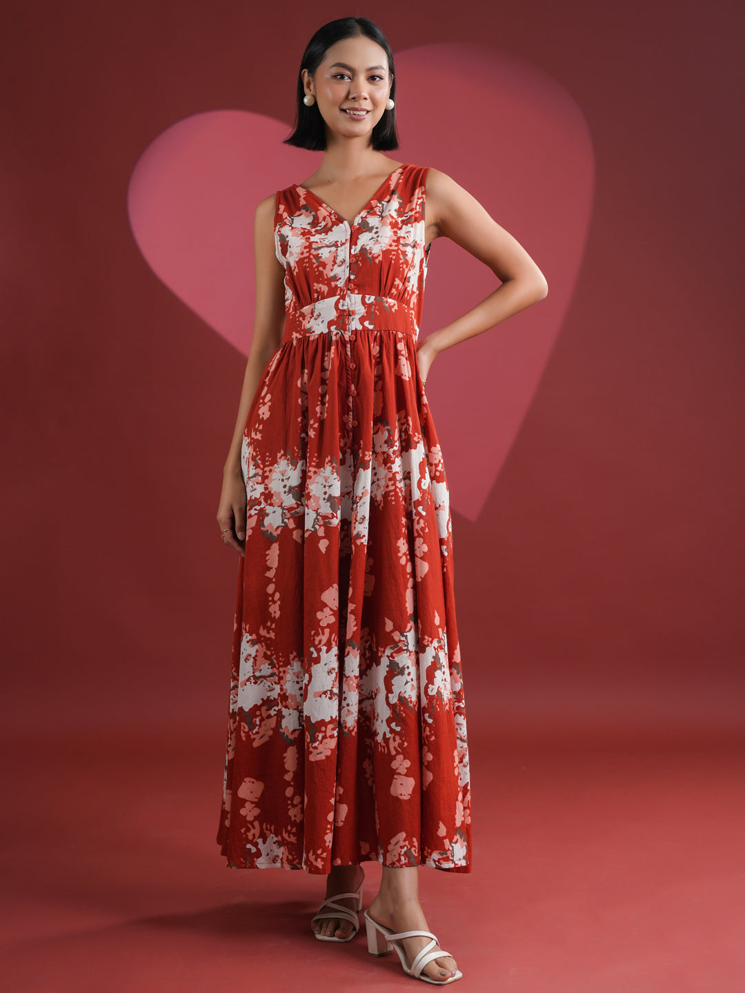 Red Printed V-Neck Dress for Women