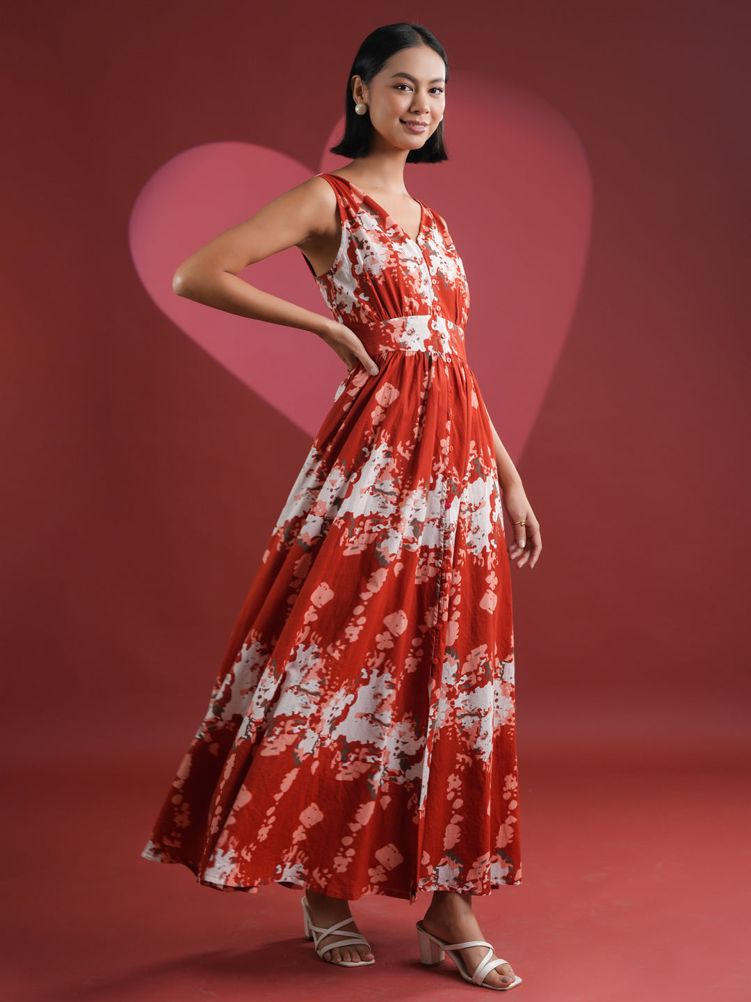 Red Printed V-Neck Dress for Women