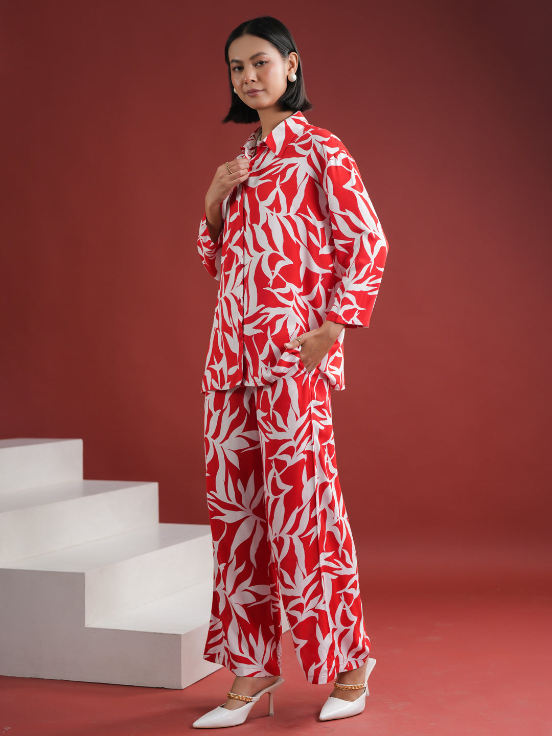 Red Floral Printed Night Suit Set