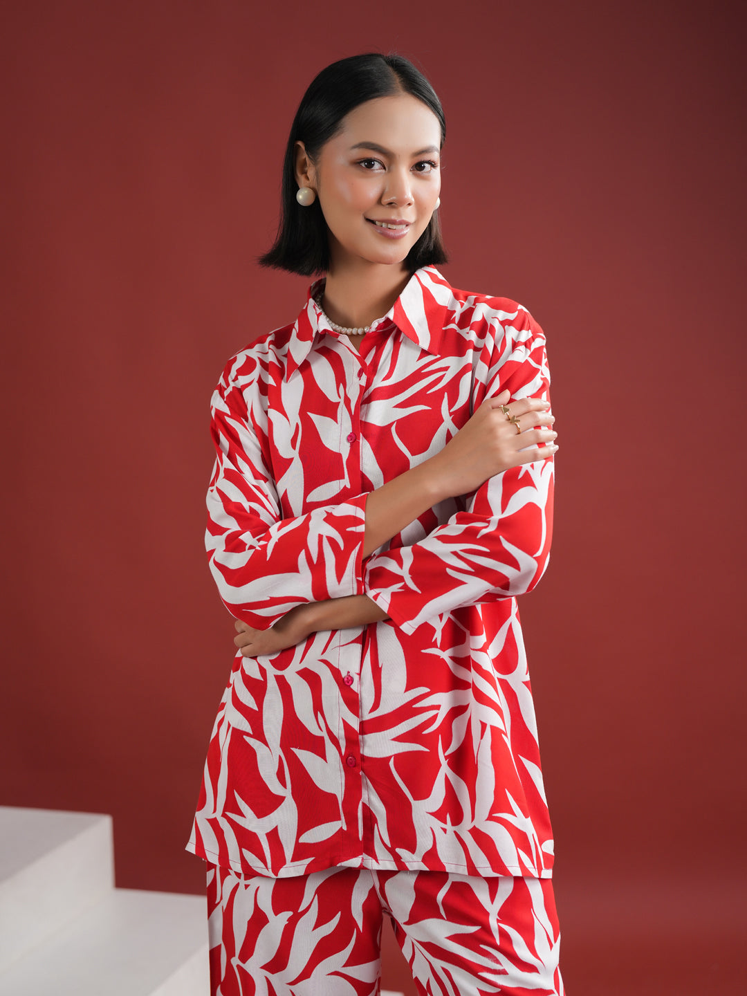 Red Floral Printed Night Suit Set