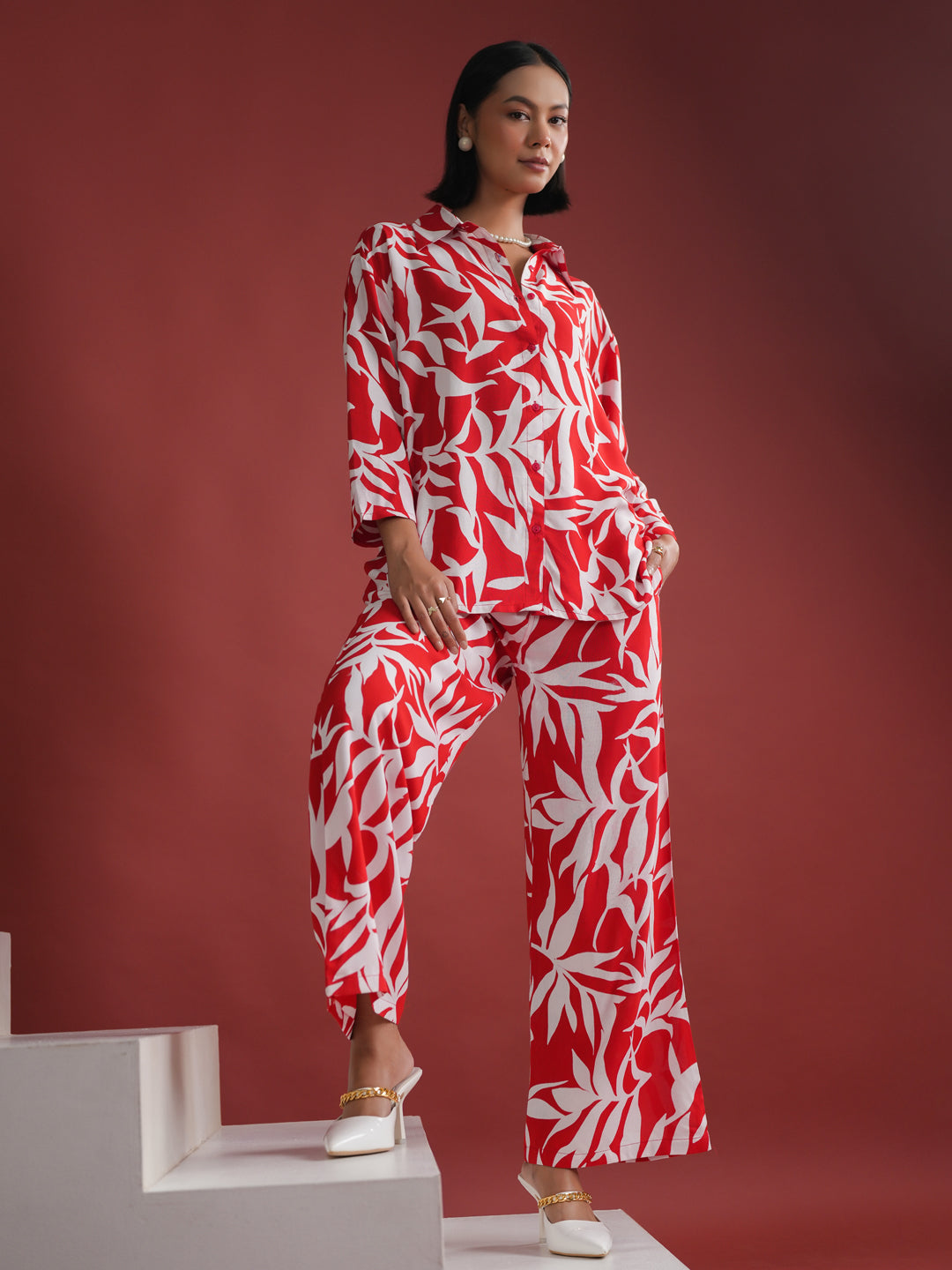 Red Floral Printed Night Suit Set