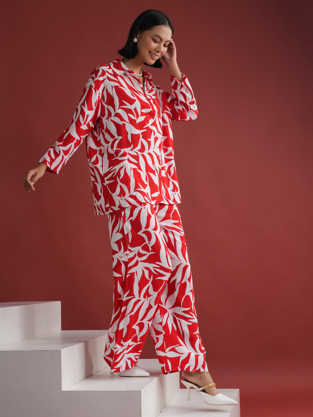 Red Floral Printed Night Suit Set