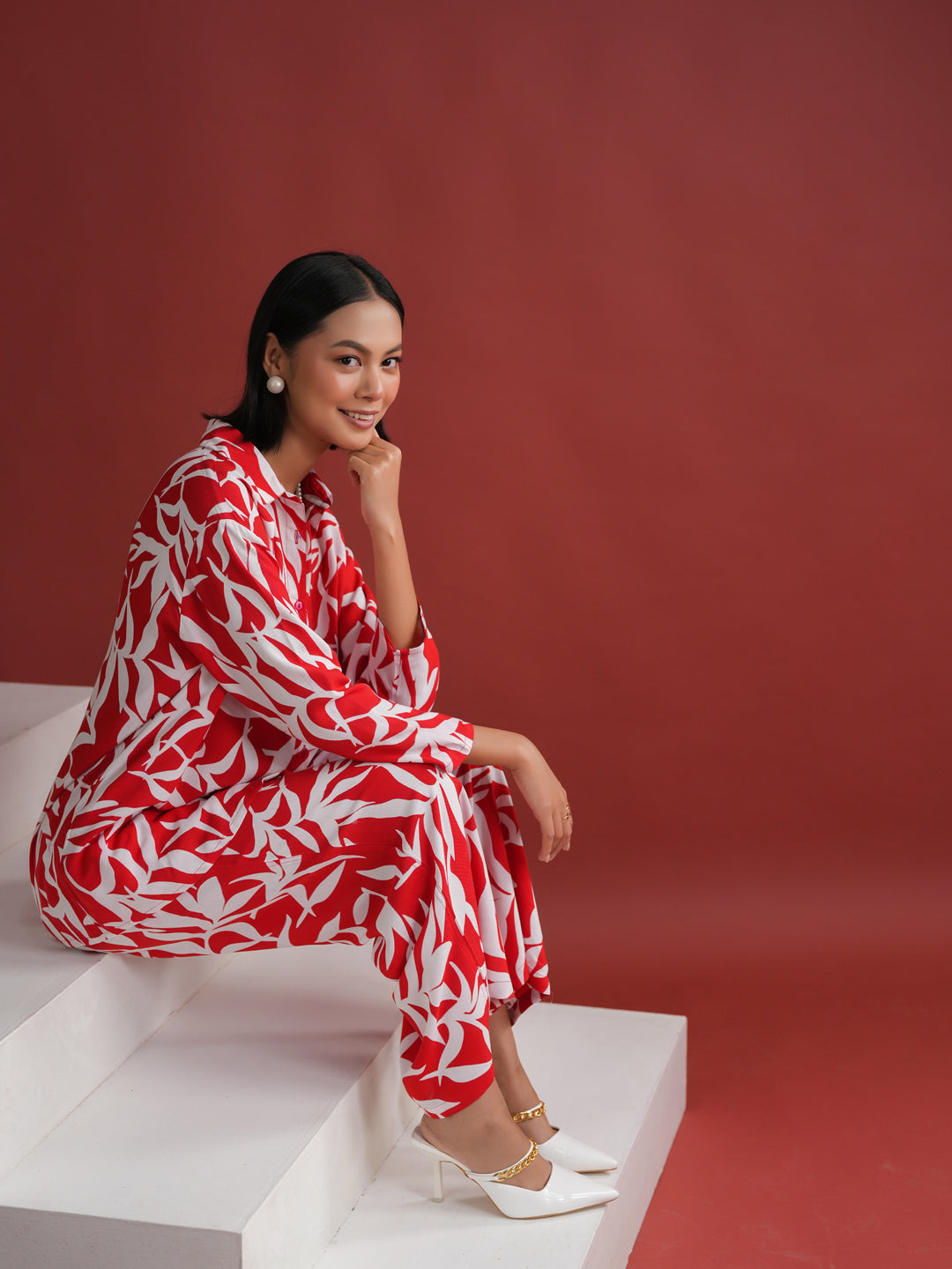 Red Floral Printed Night Suit Set