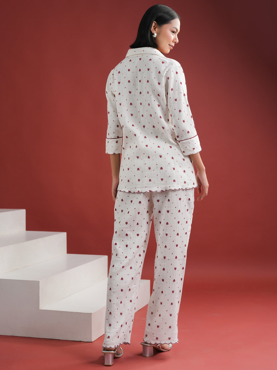 White Heart Printed Cotton Night Suit Set