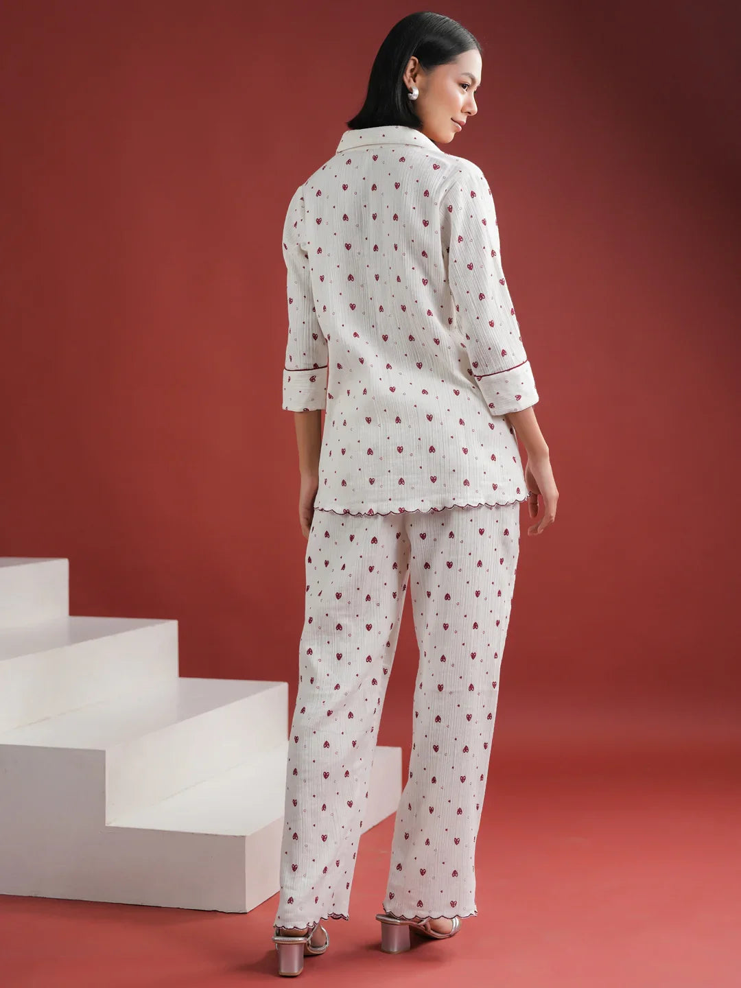 White Heart Printed Cotton Night Suit Set - SanskrutiHomes
