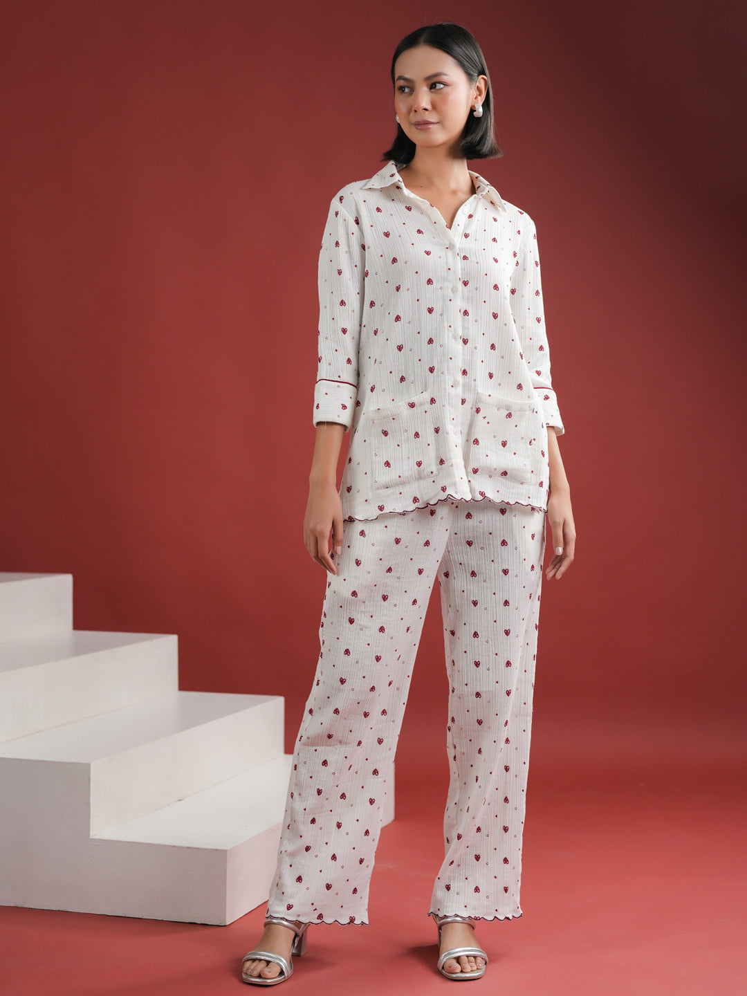 White Heart Printed Cotton Night Suit Set