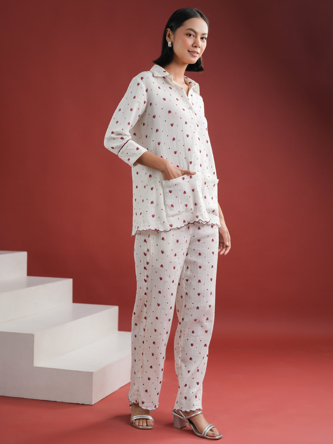 White Heart Printed Cotton Night Suit Set