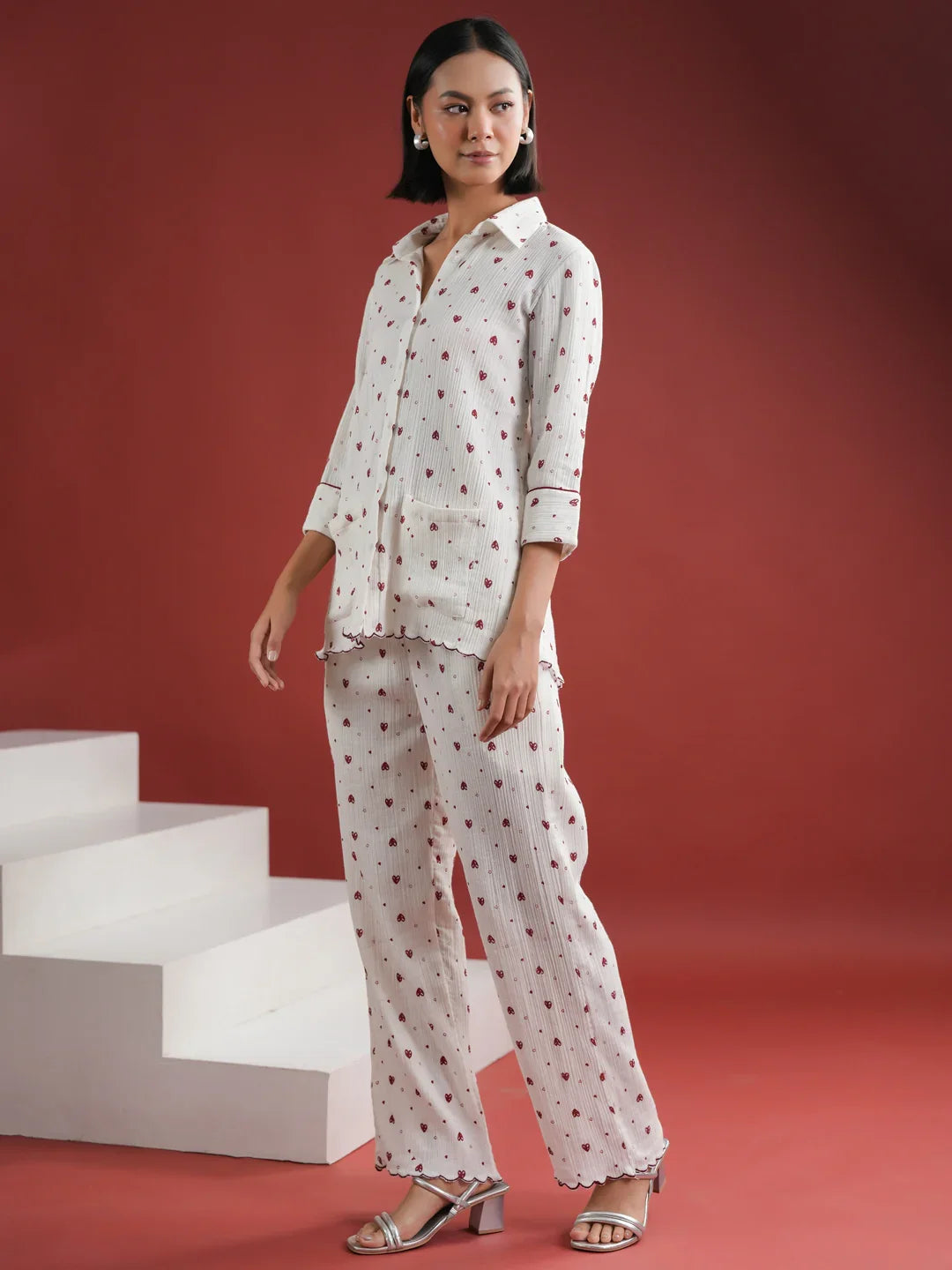 White Heart Printed Cotton Night Suit Set - SanskrutiHomes