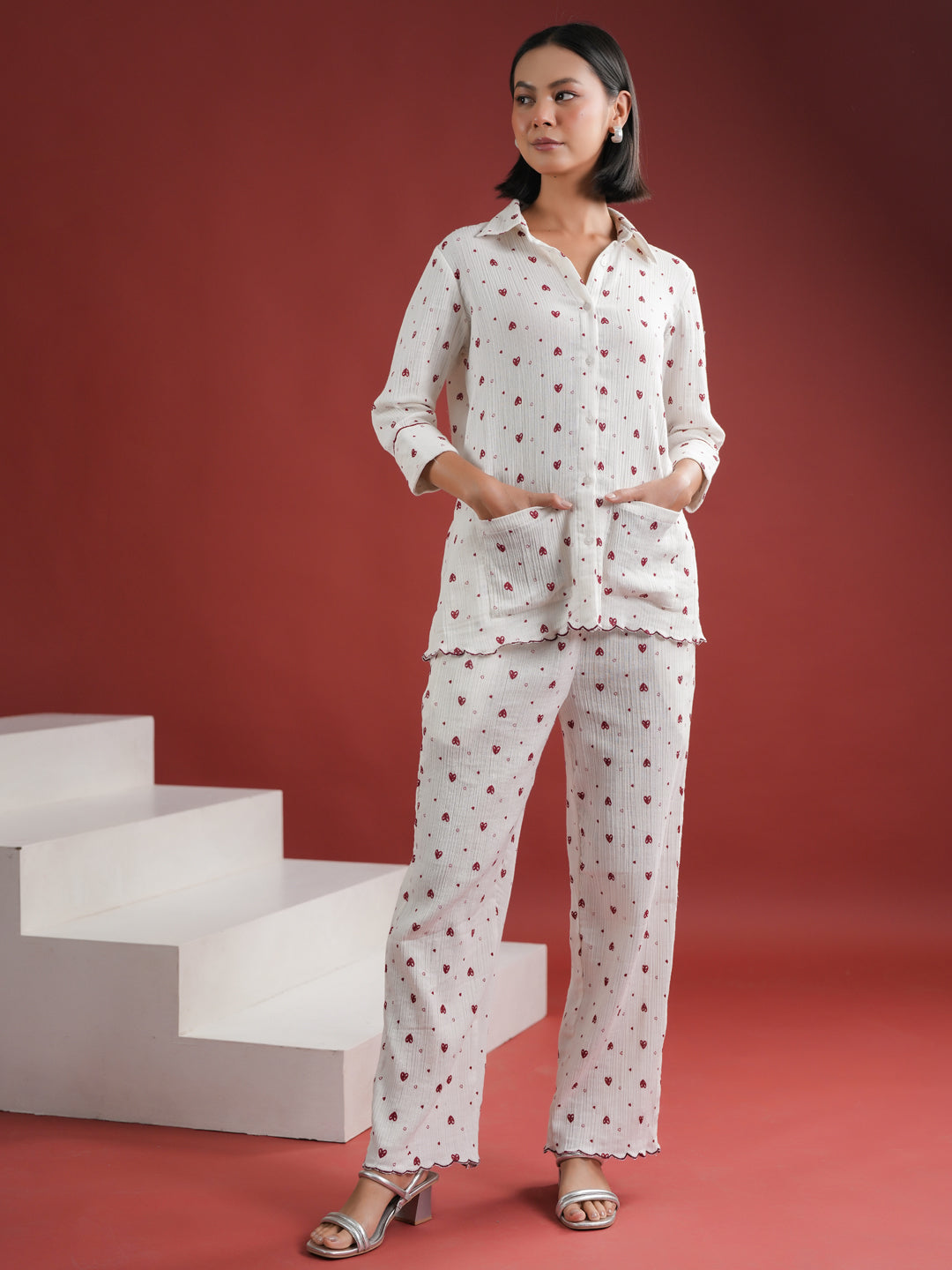 White Heart Printed Cotton Night Suit Set
