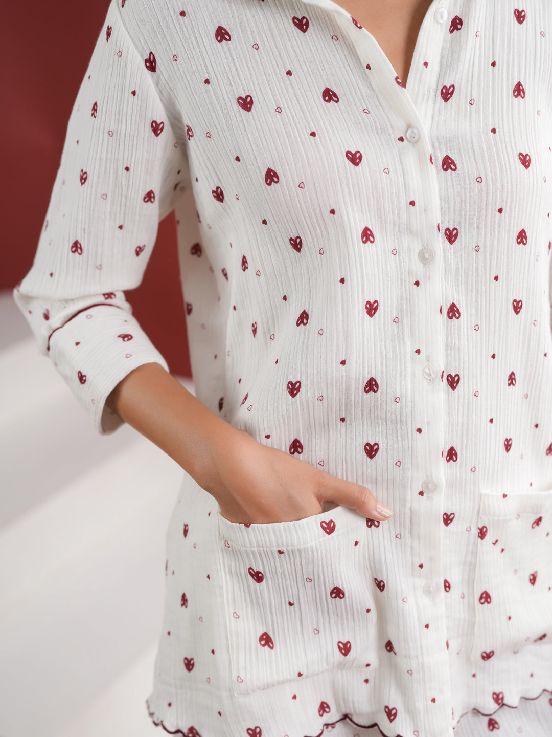 White Heart Printed Cotton Night Suit Set