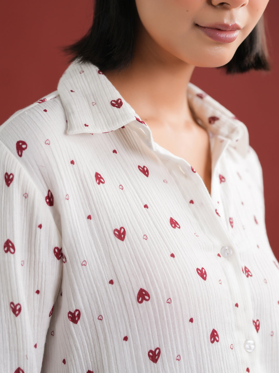 White Heart Printed Cotton Night Suit Set