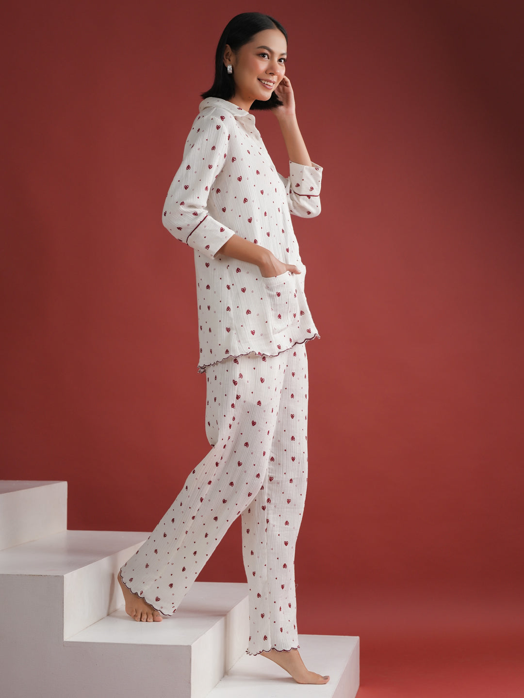 White Heart Printed Cotton Night Suit Set