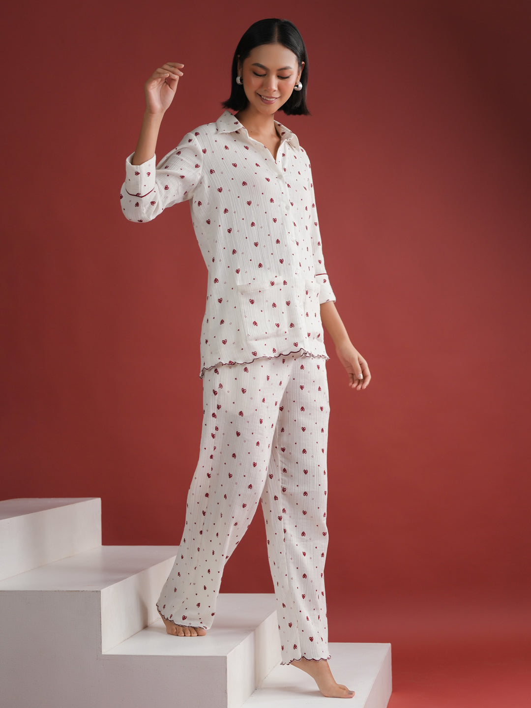 White Heart Printed Cotton Night Suit Set