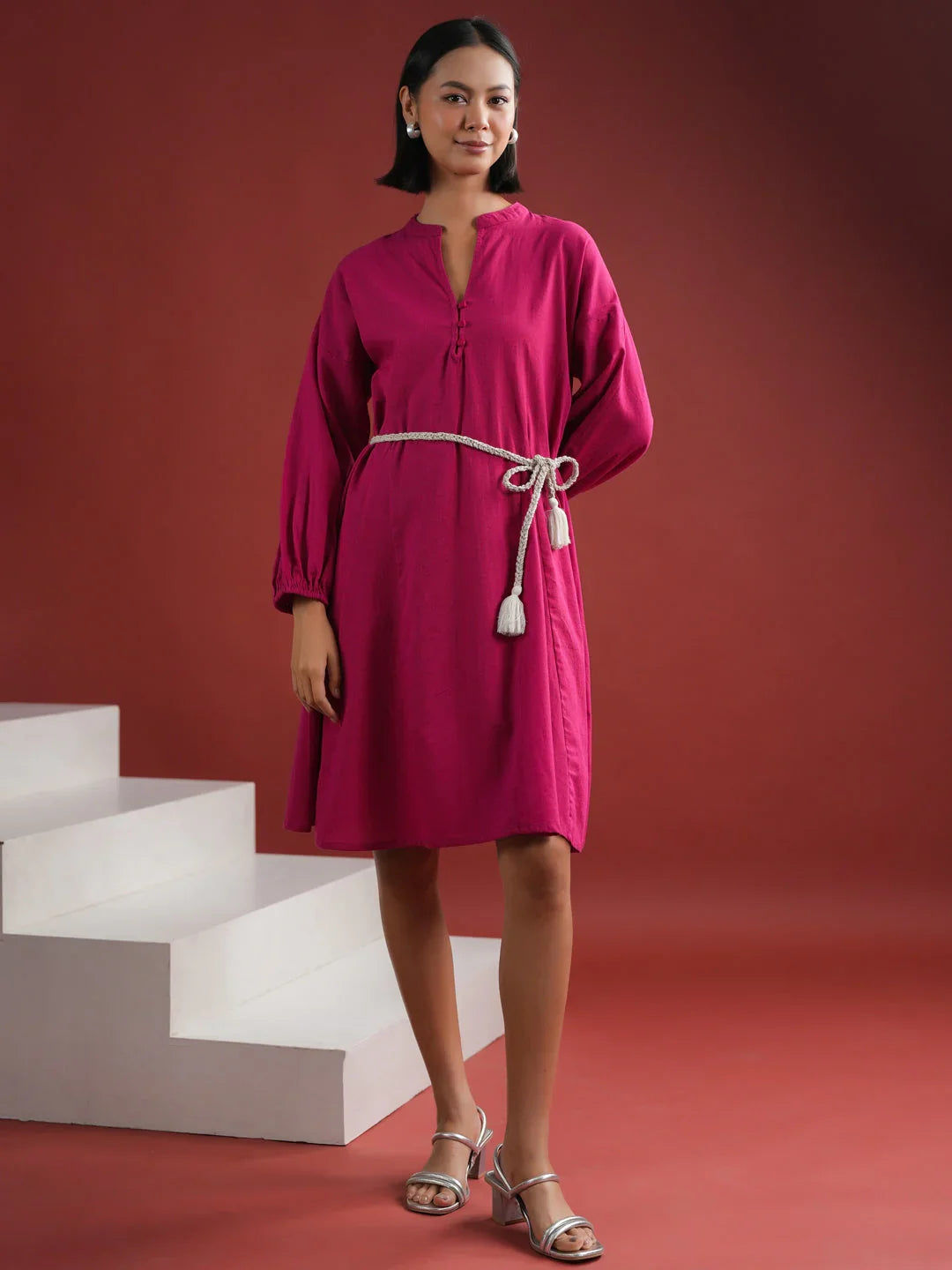 Pink Solid V Neck Dress for Women - SanskrutiHomes