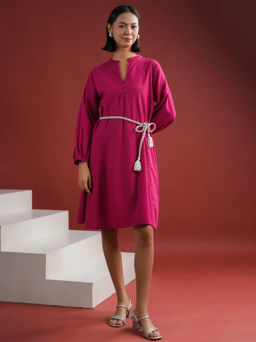 Pink Solid V Neck Dress for Women - SanskrutiHomes