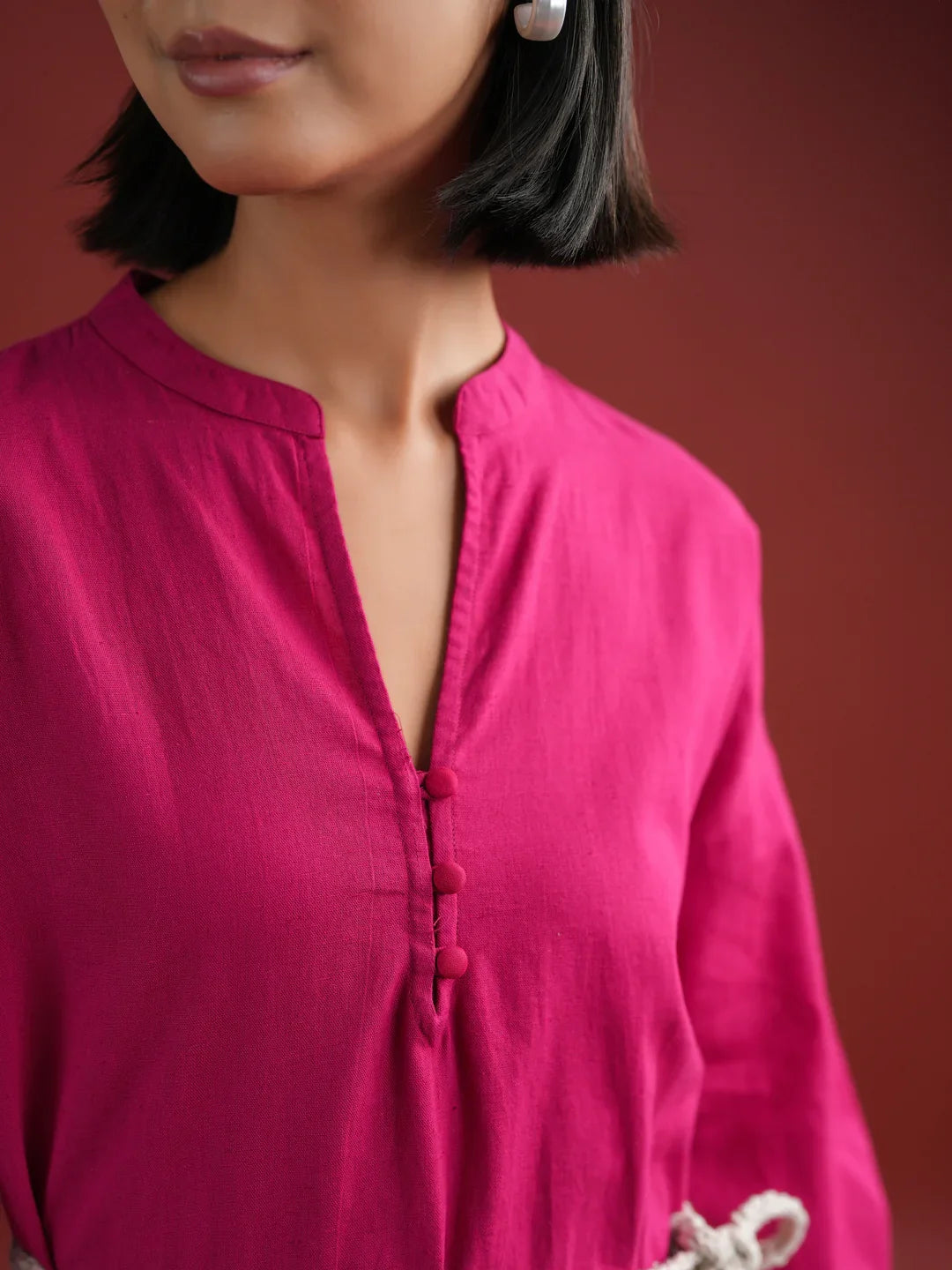 Pink Solid V Neck Dress for Women - SanskrutiHomes
