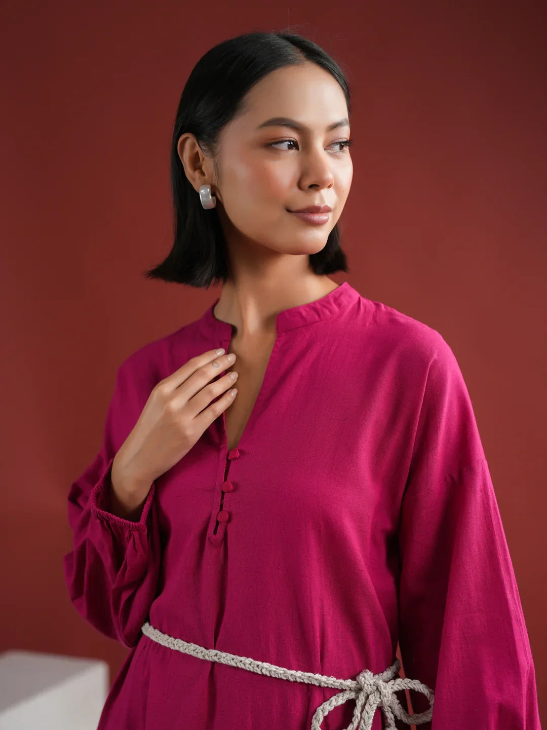 Pink Solid V Neck Dress for Women - SanskrutiHomes