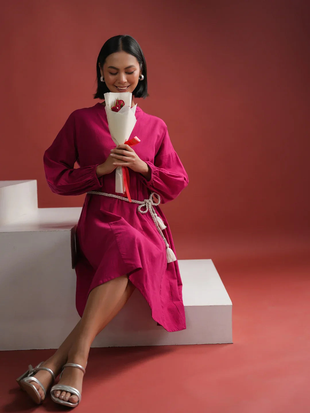 Pink Solid V Neck Dress for Women - SanskrutiHomes