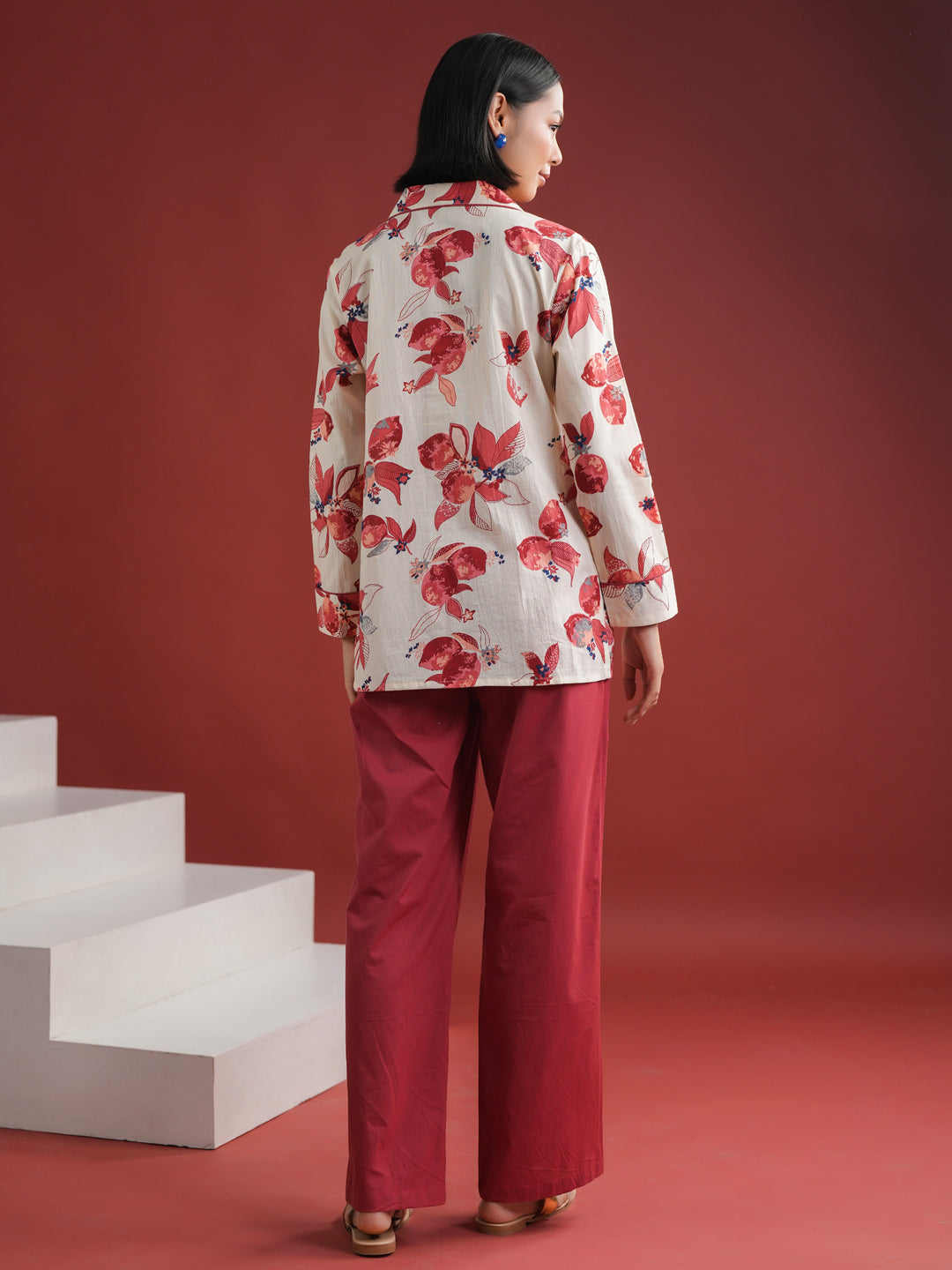 White Floral Printed Cotton Night Suit Set