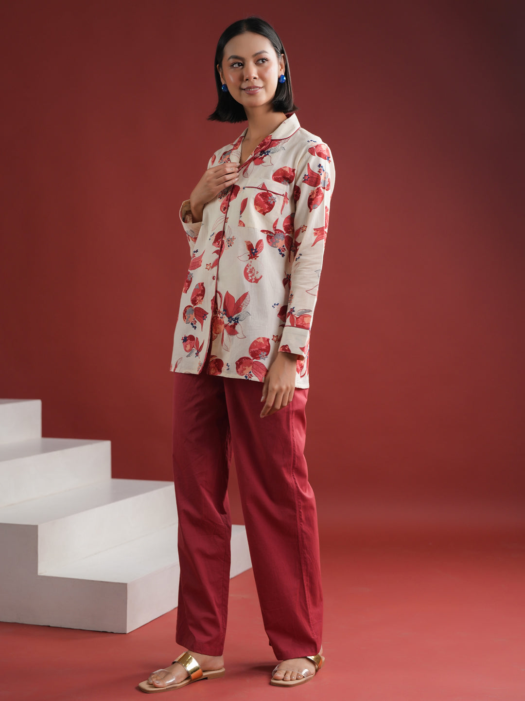 White Floral Printed Cotton Night Suit Set
