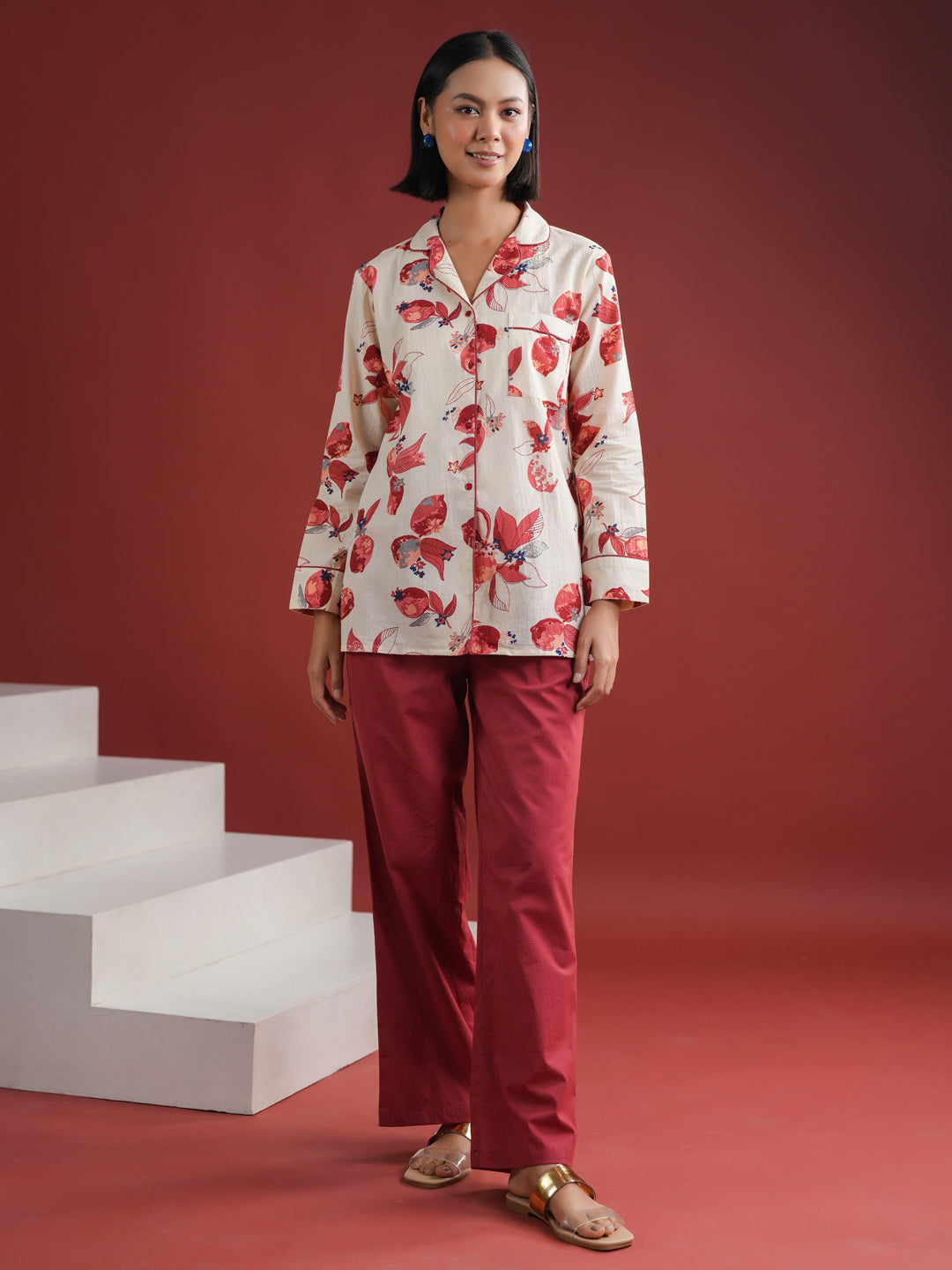 White Floral Printed Cotton Night Suit Set